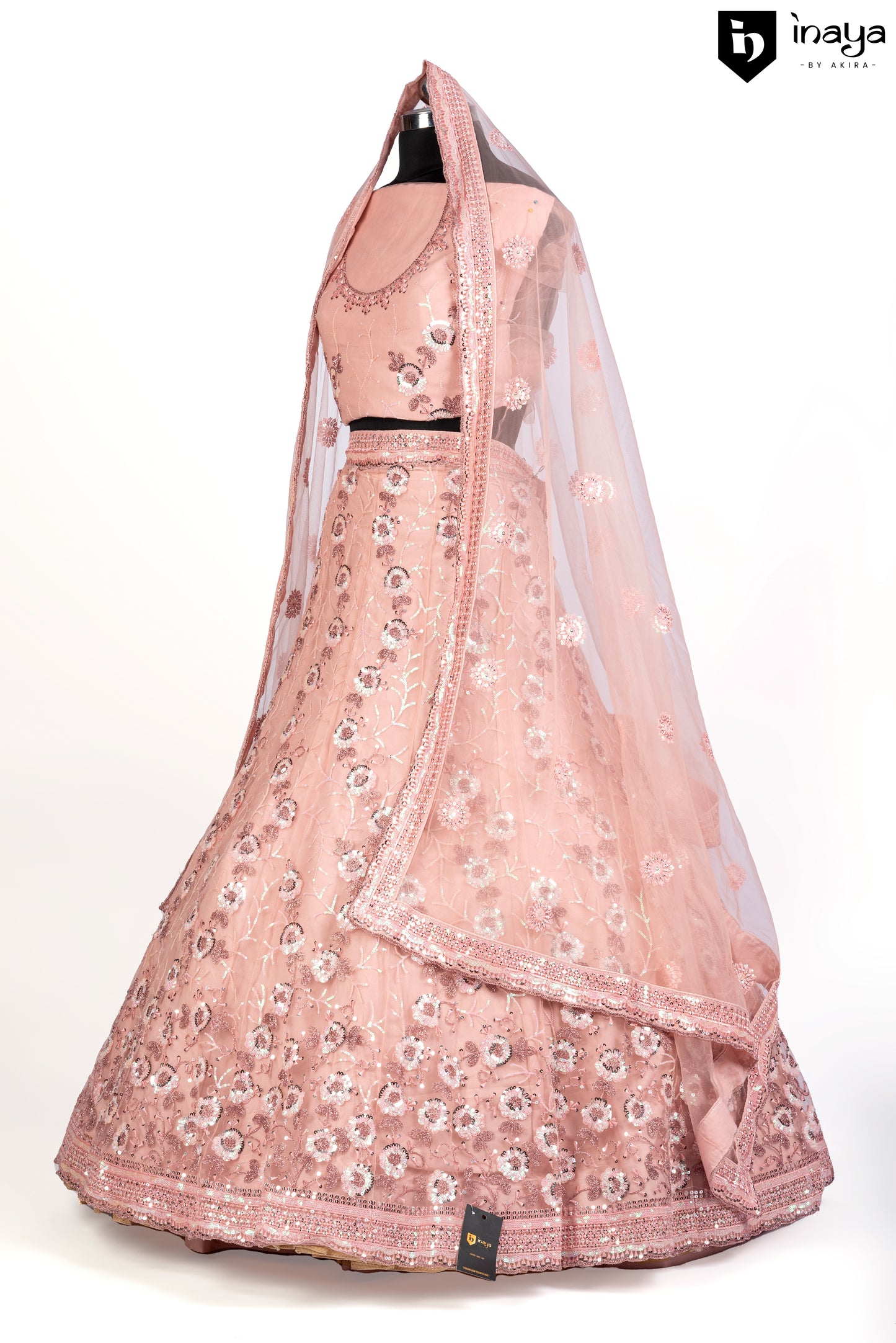 Peach Perfection: Peach Netted Fabric Semi-Stitched Lehenga with Sequin Flourishes