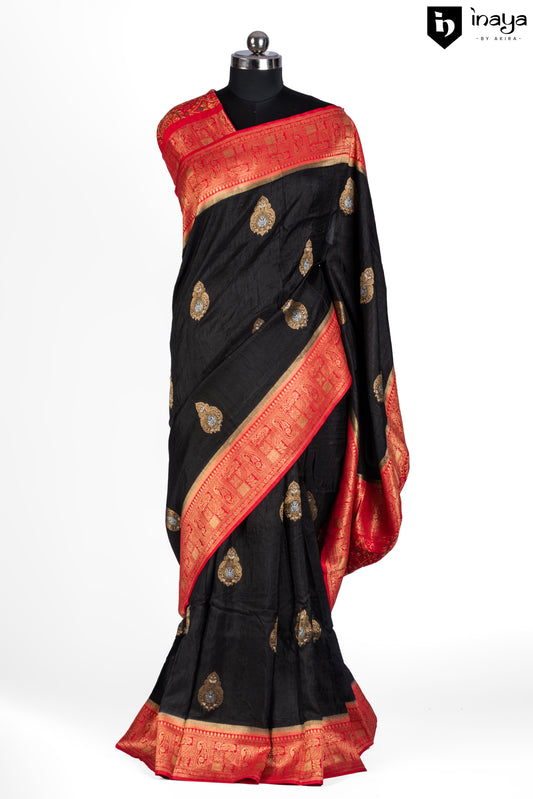 Midnight Elegance Banarasi Silk Saree with Scarlet Accents