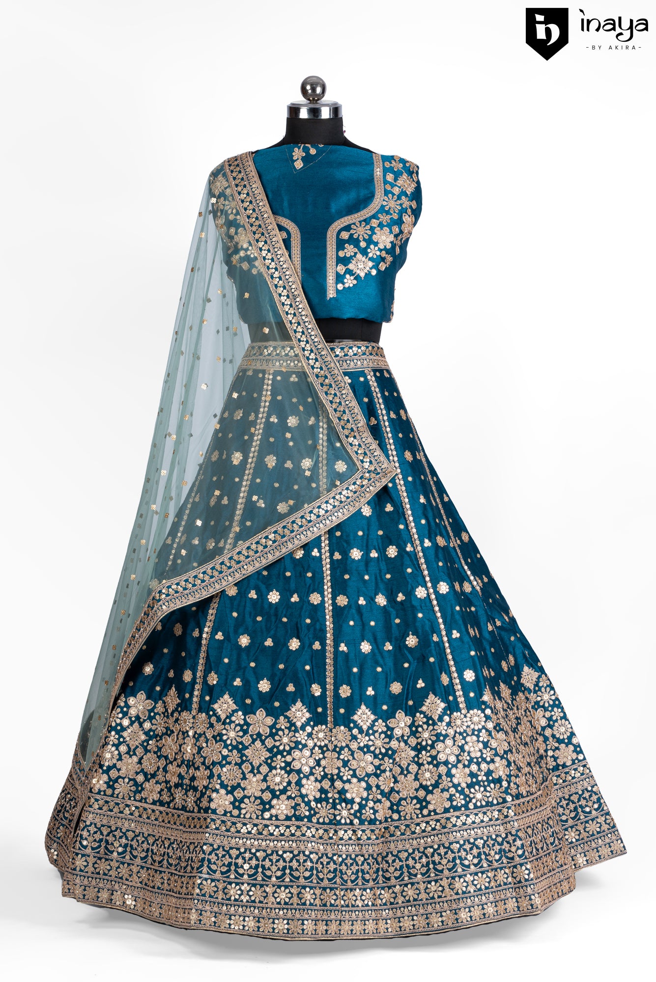 Sapphire Splendor: Semi-Stitched Raw Silk Lehenga with Sheer Dupatta