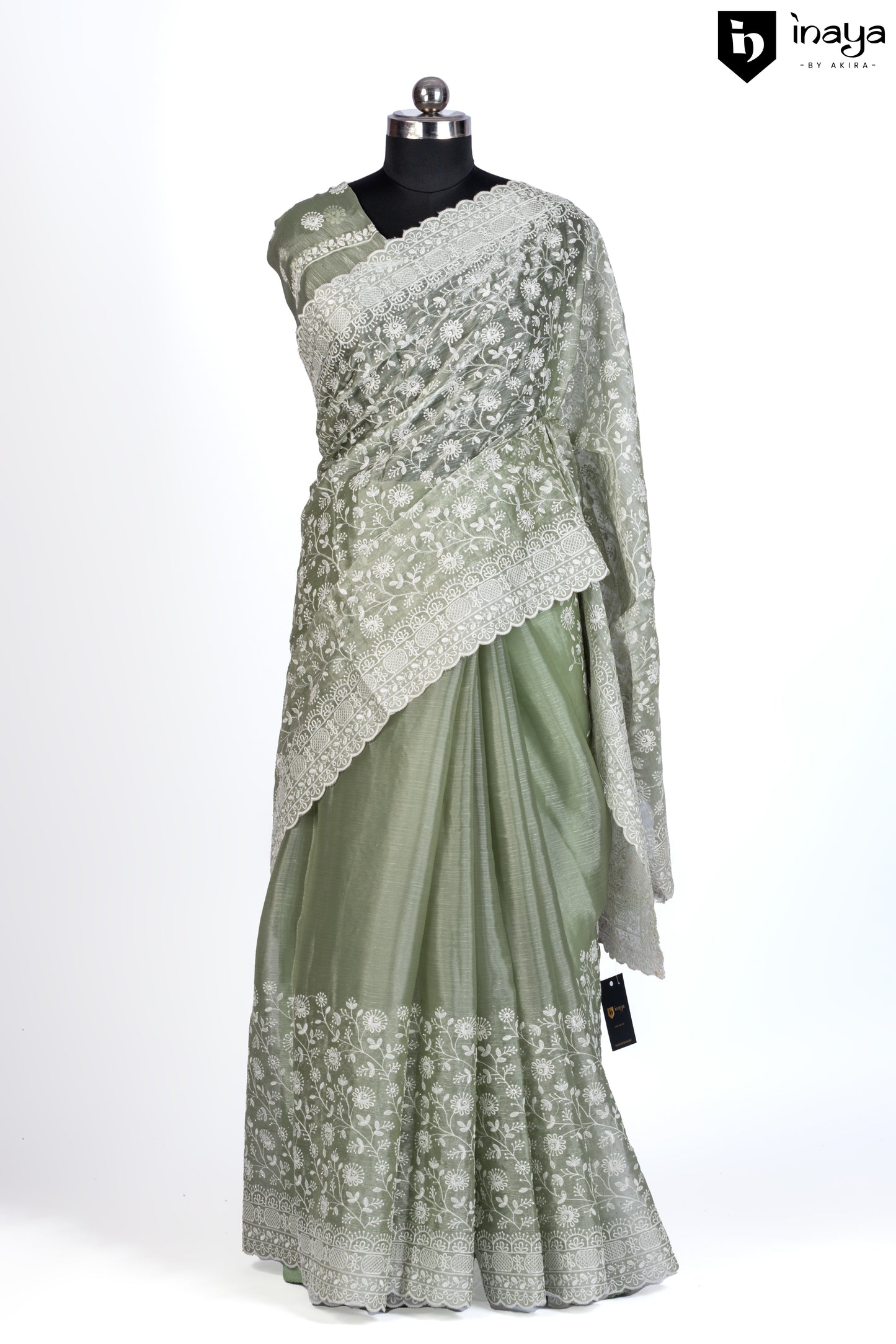 Sage Green Organza Saree with Intricate Embroidery