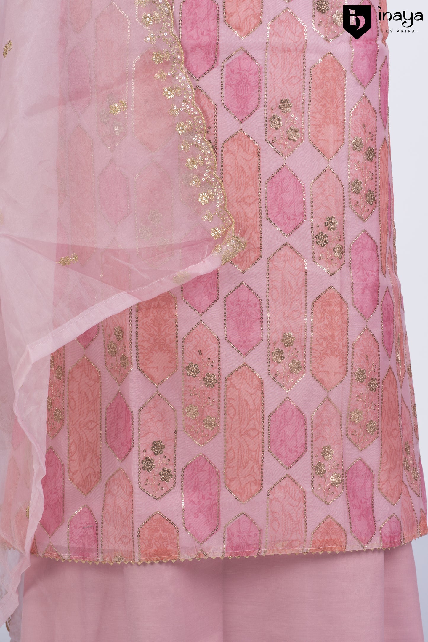 Blush Pink Organza Suit Set with Geometric Patterns