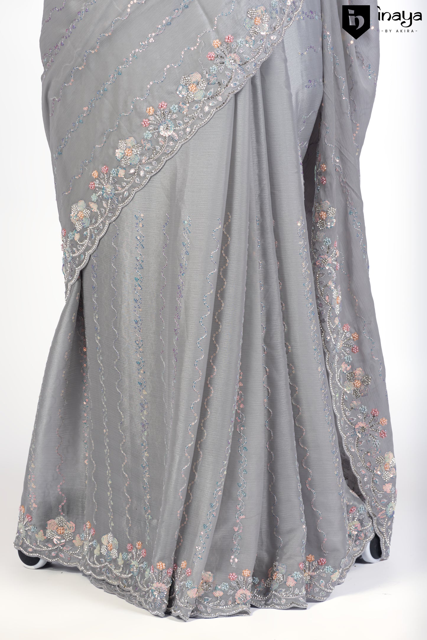 Elegant Whispers Grey Chiffon Saree with Floral Embroidery