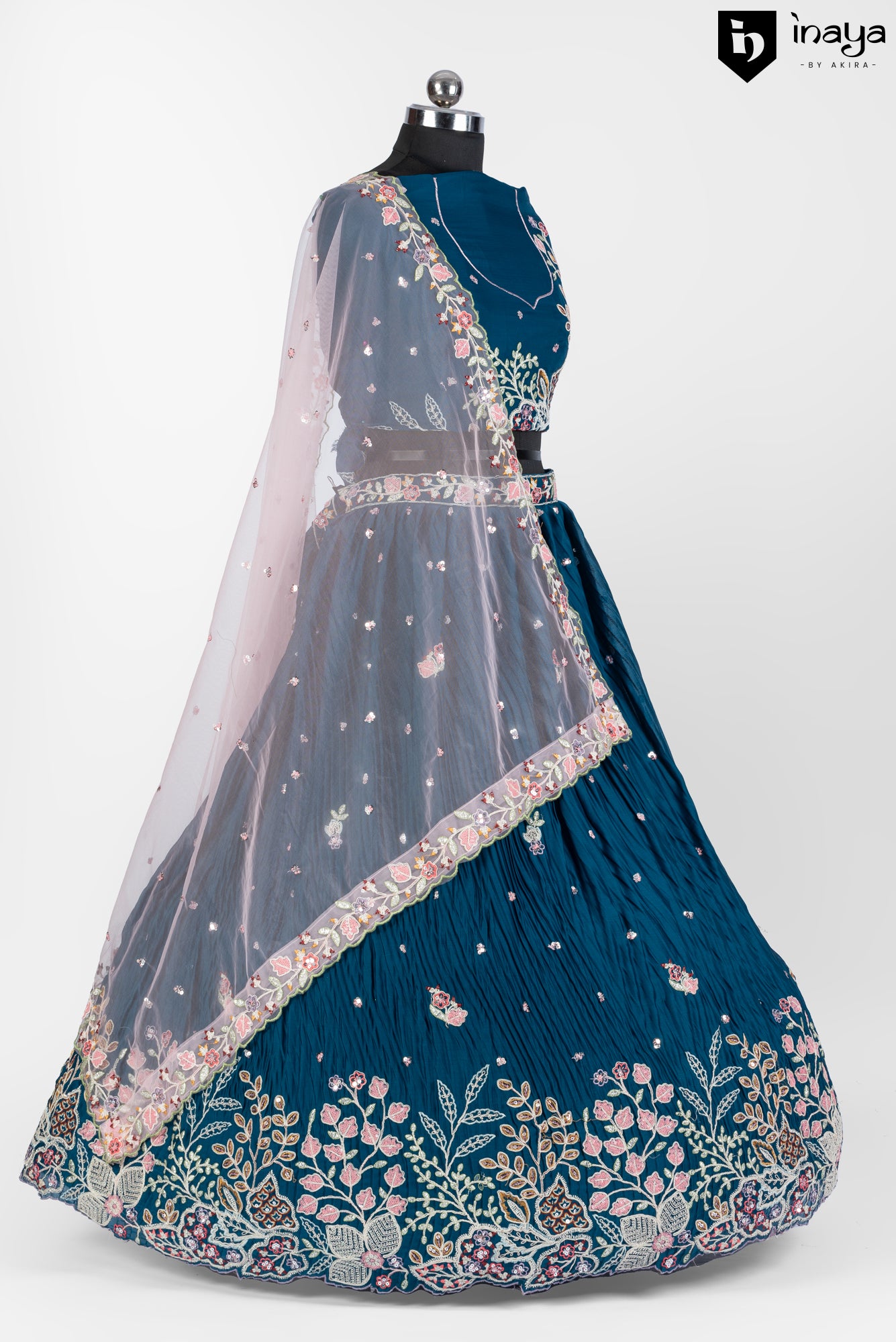 Elegant Teal Blue Crepe Silk Semi-Stitched Lehenga Set with Embroidered Dupatta