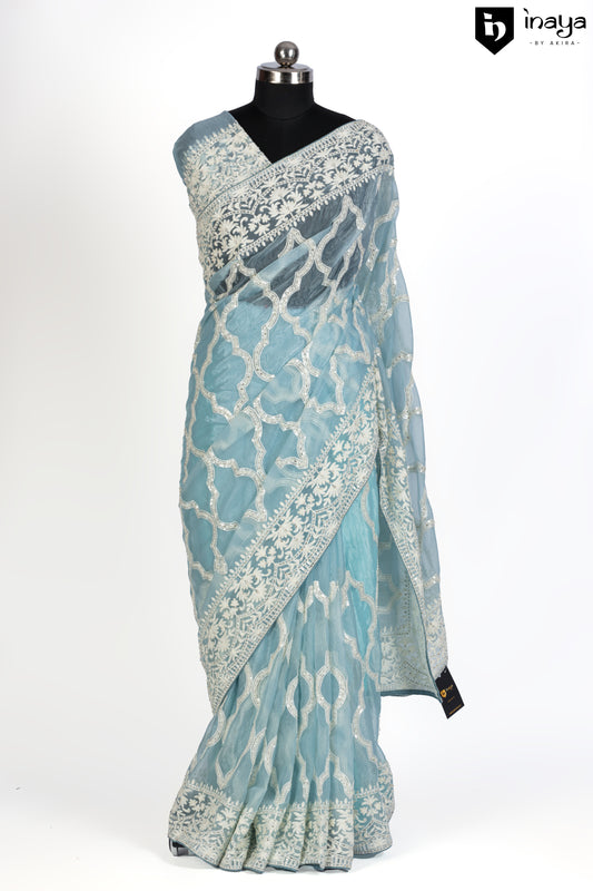 Aqua Elegance Organza Saree