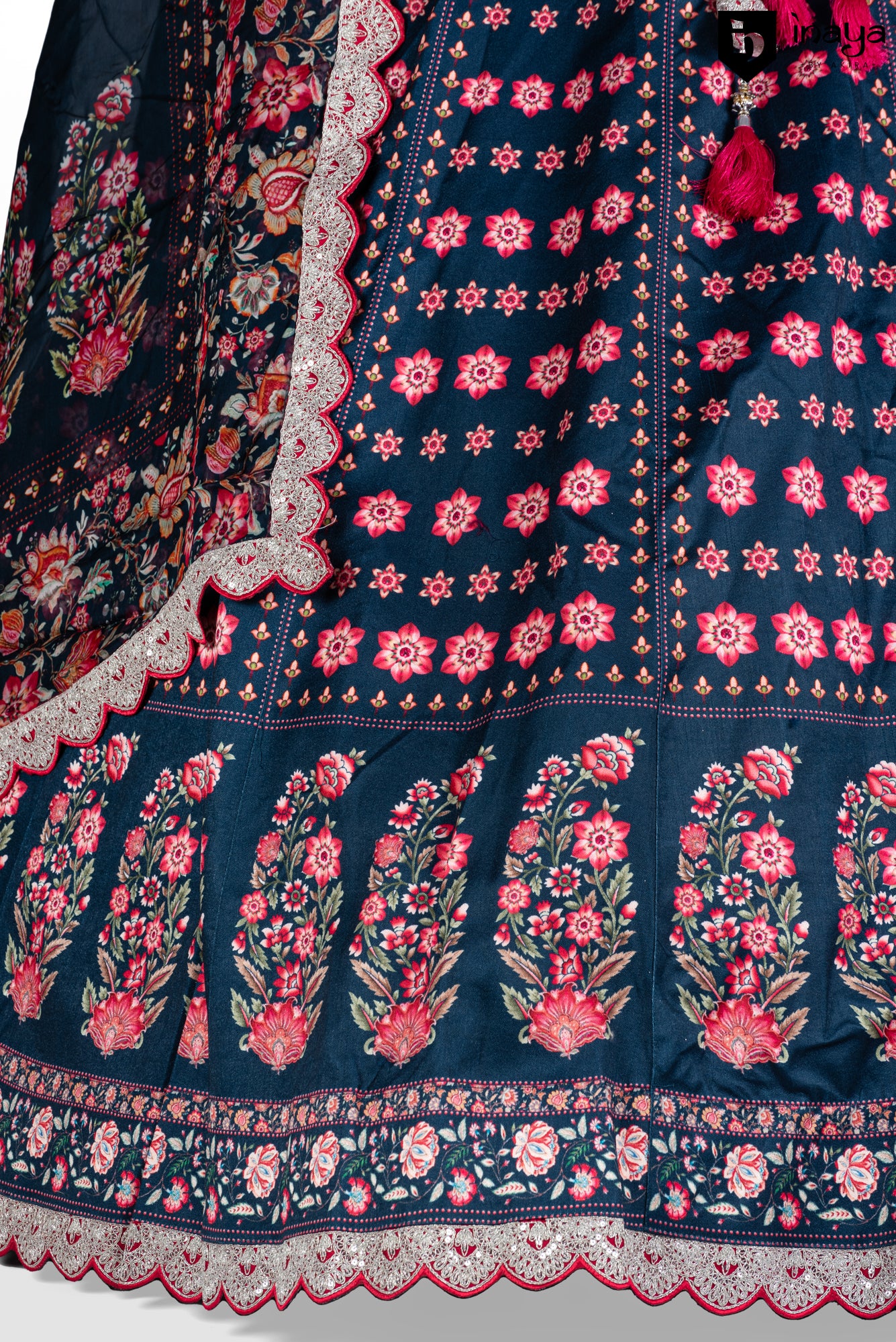 Indigo Impressions: Indigo Raw Silk Semi-Stitched Lehenga with Floral Embroidery