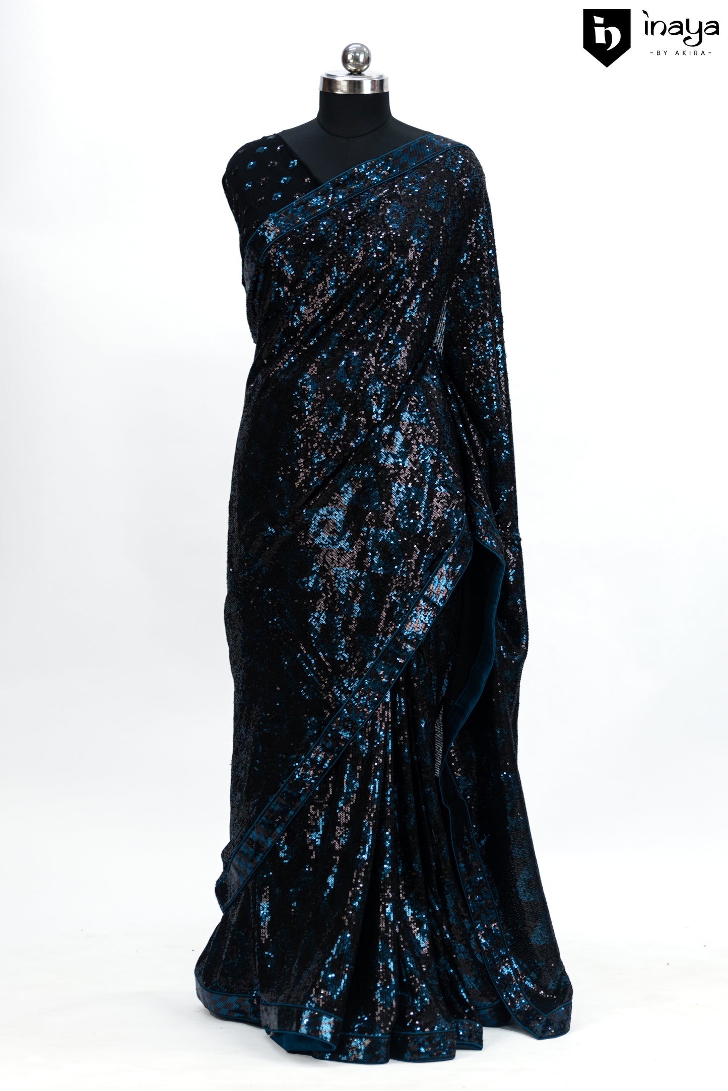 Starry Nightfall Black and Blue Sequined Georgette Saree