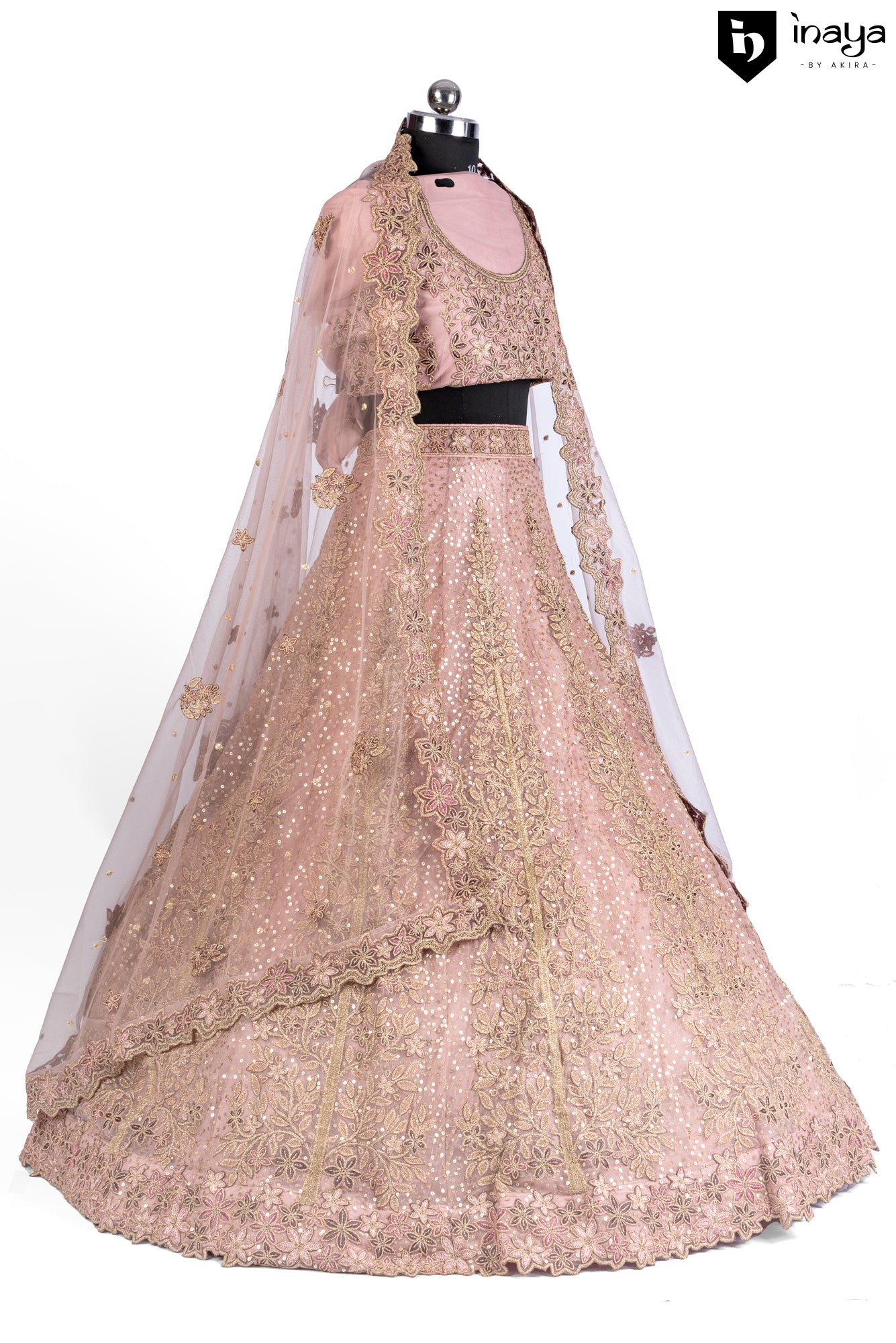 Blush of Dawn: Blush Pink Net Semi-Stitched Bridal Lehenga with Golden Embroidery