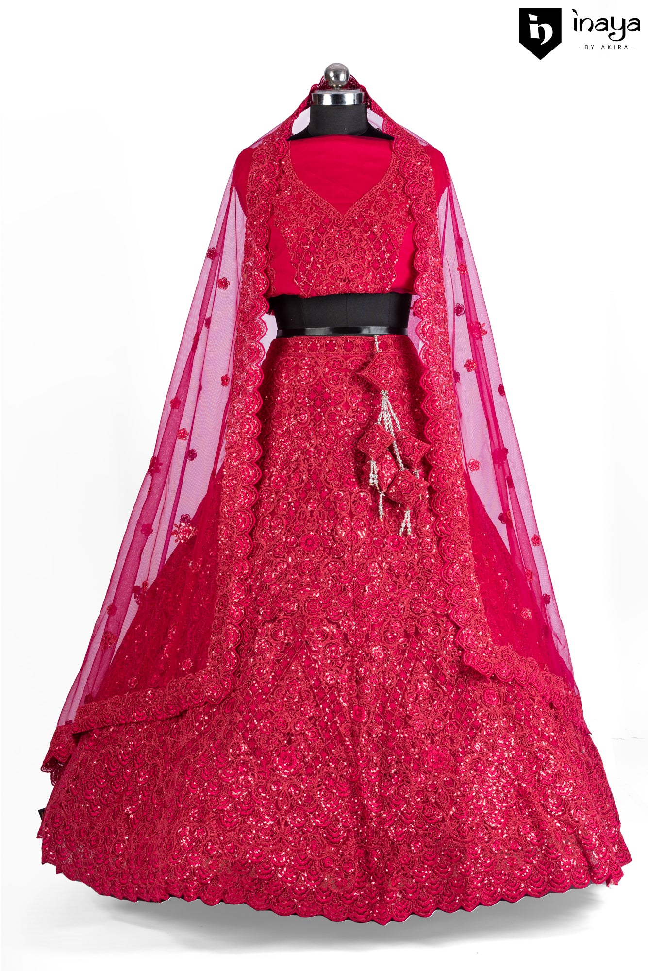 Ruby Red Net Semi-Stitched Lehenga with Exquisite Embellishments