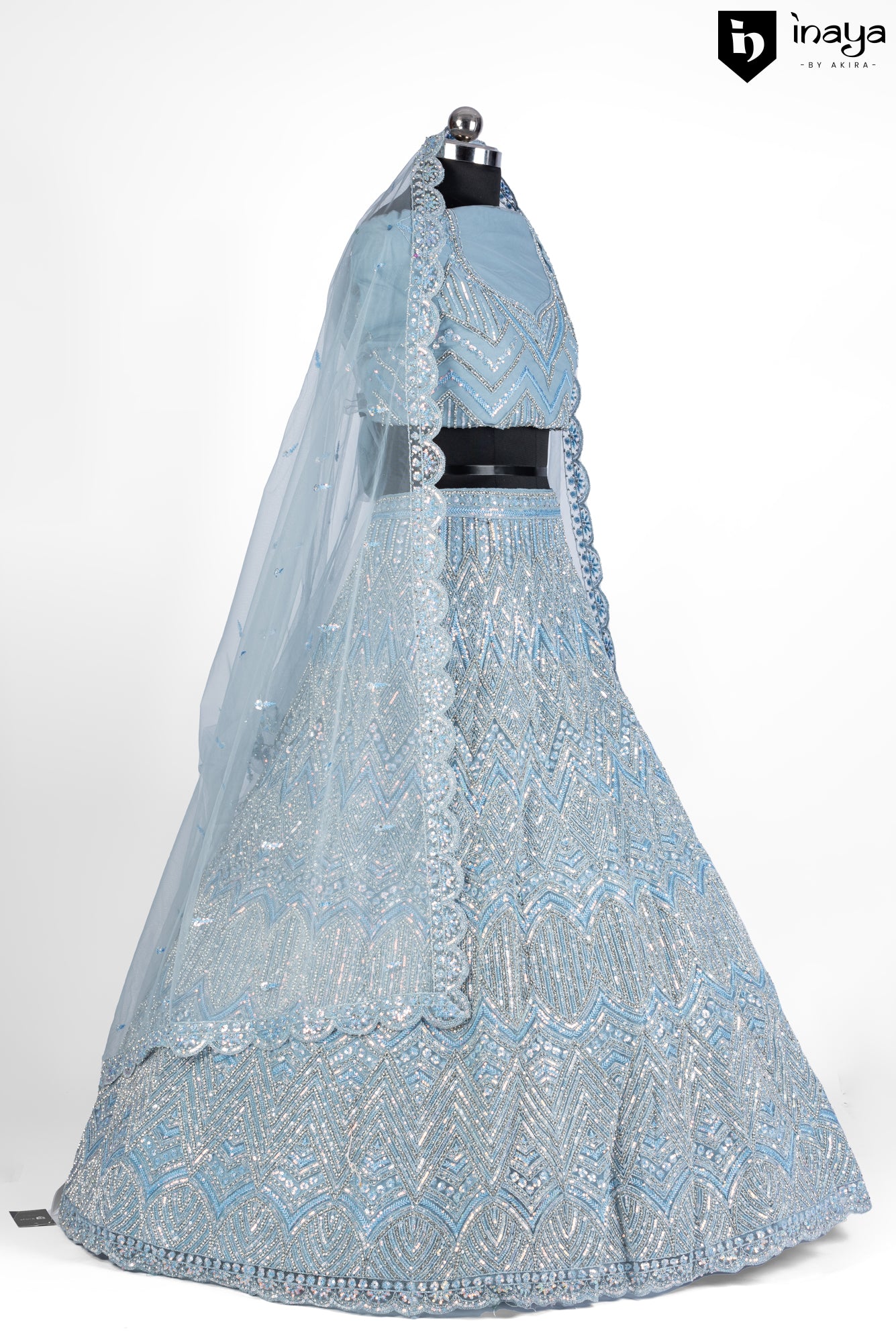 Icy Elegance: Ice Blue Net Semi-Stitched Lehenga with Crystal Embellishments