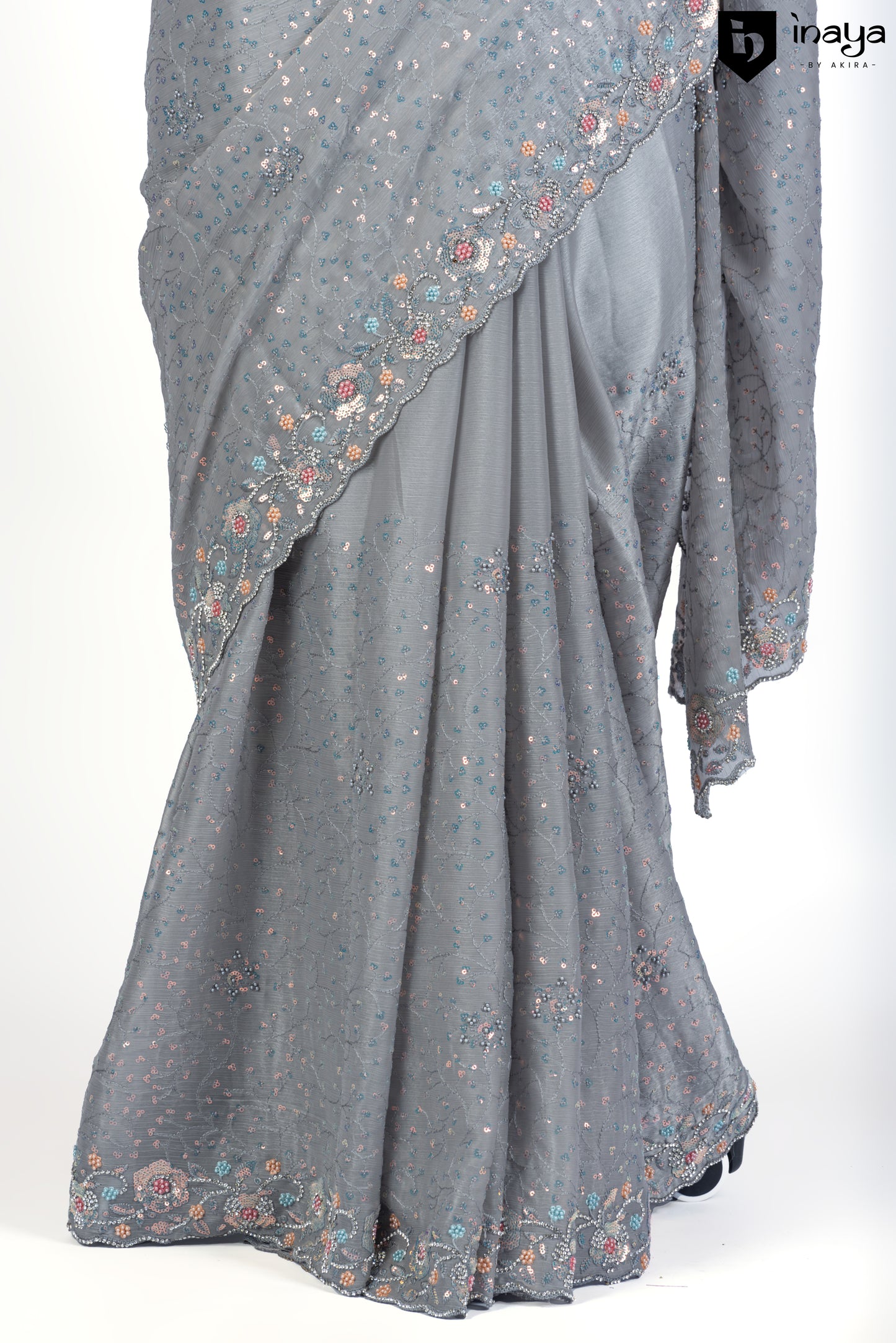 Misty Elegance Grey Chiffon Saree with Floral Accents