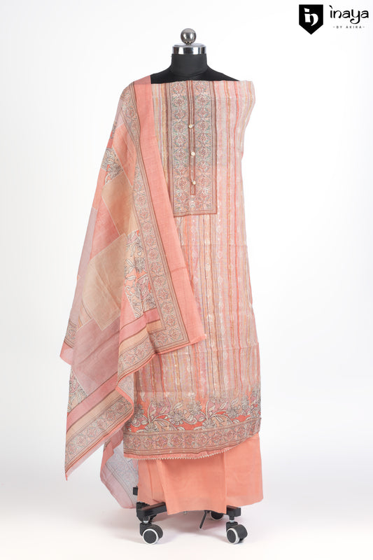 Apricot Sunrise Cotton Suit Set with Traditional Motifs