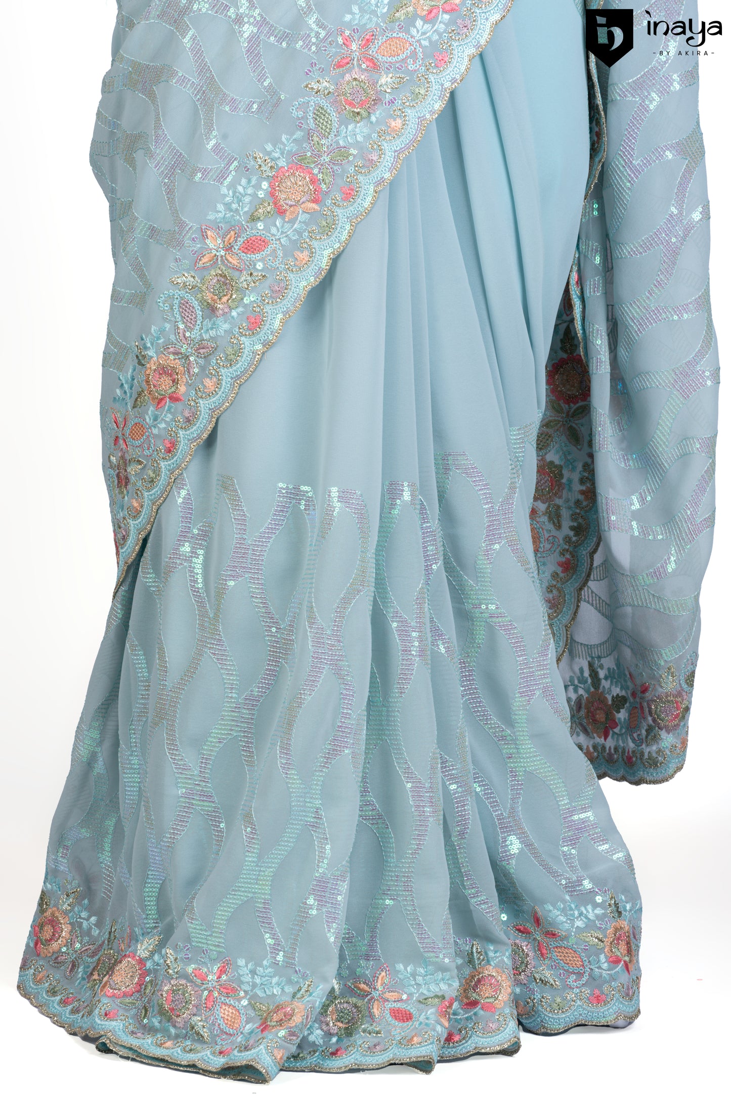 Aqua Georgette Saree with Floral Embellishments