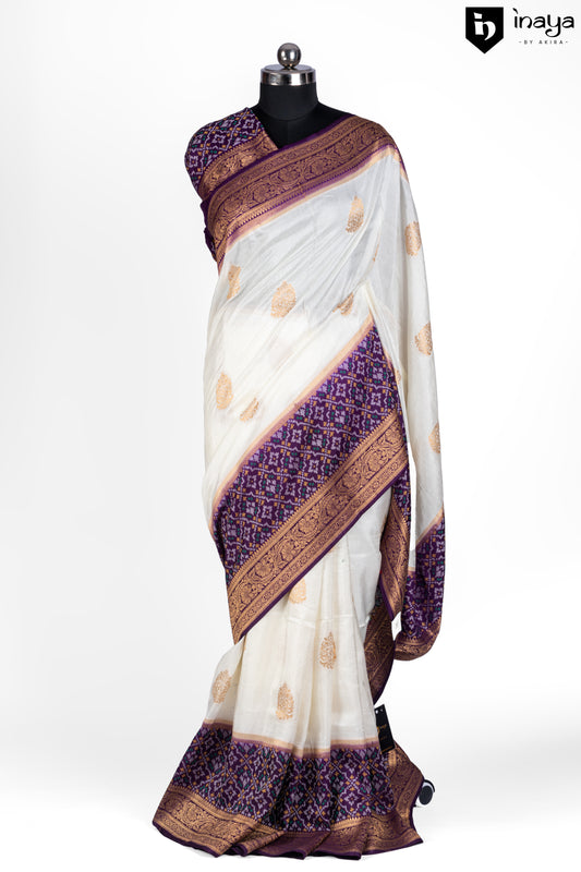 Regal Elegance: Ivory and Royal Purple Banarasi Silk Saree