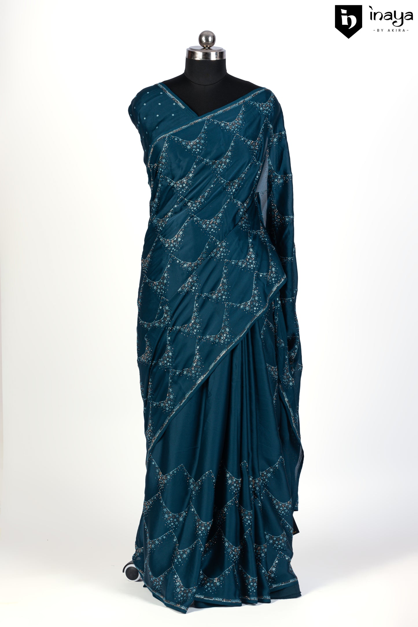 Teal Blue Enigma Satin Crepe Saree with Crystal Embellishments