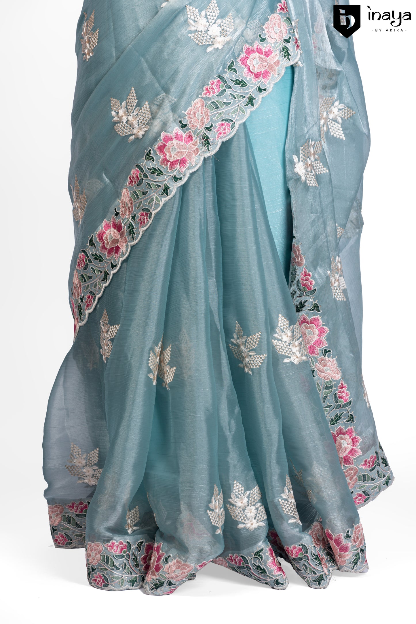 Ethereal Aqua Organza Saree with Floral Embroidery