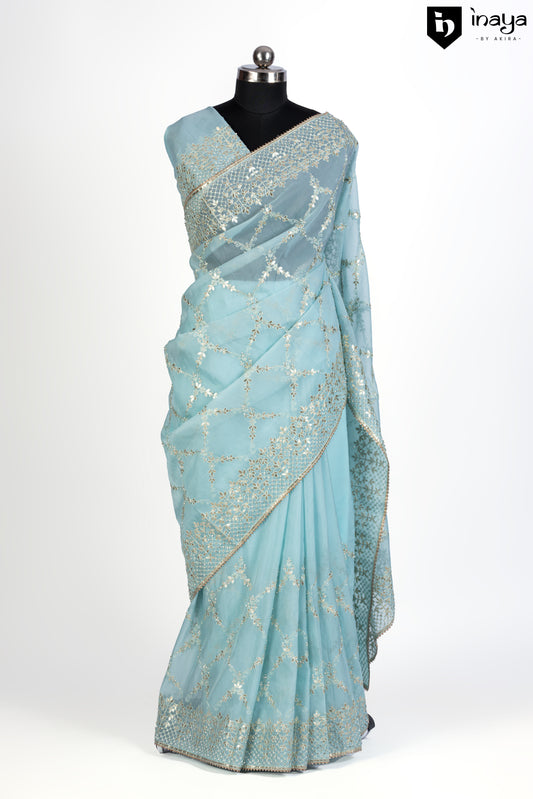 Aqua Serenity Sequined Organza Saree