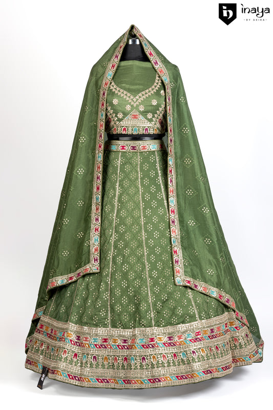 Regal Splendor: Majestic Emerald Green Bandhani Georgette Semi-Stitched Lehenga