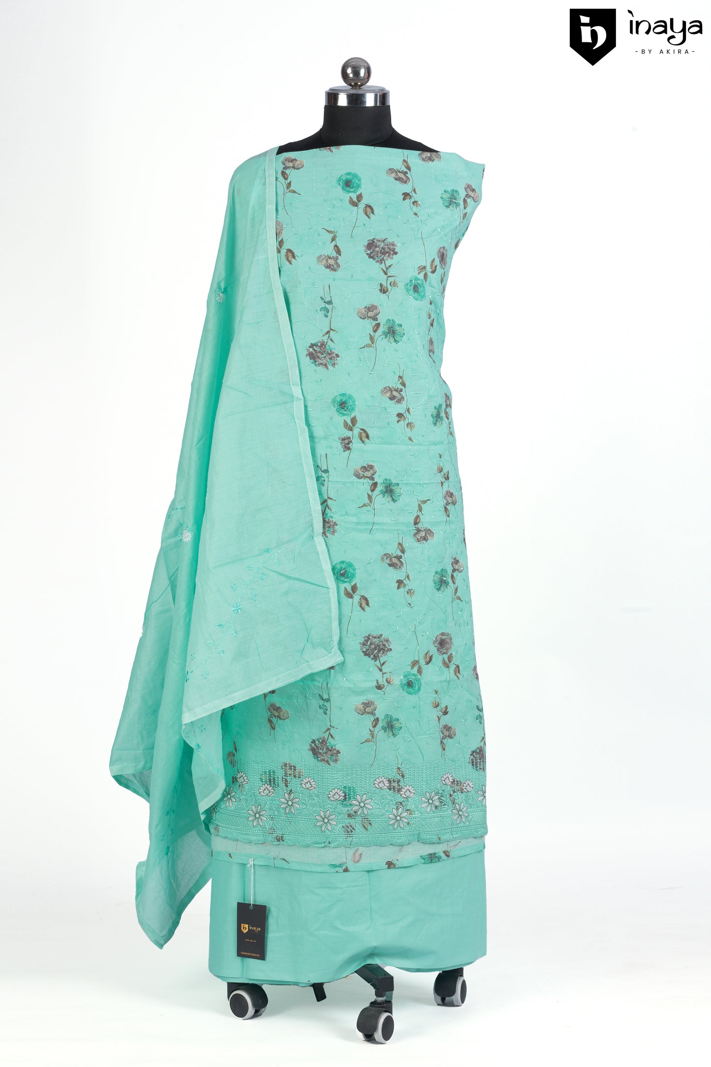 Aqua Garden Cotton Suit with Floral Embroidery