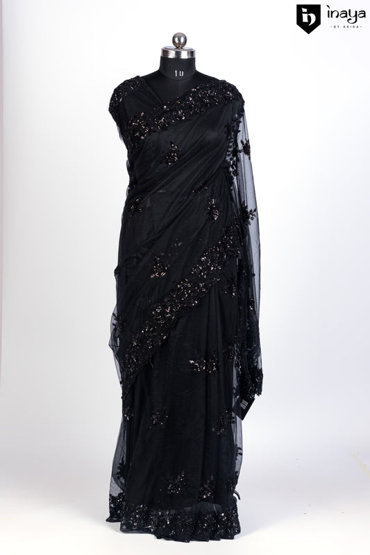 Nocturnal Elegance Black Sequined Net Saree