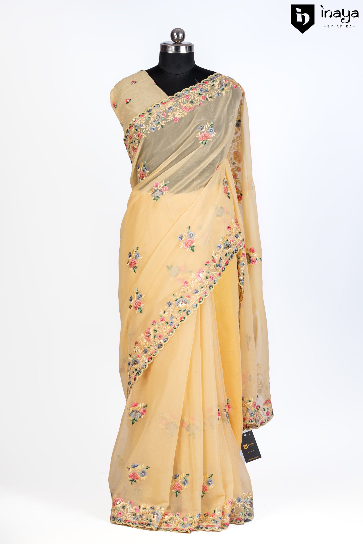 Sunshine Yellow Georgette Saree with Floral Embroidery