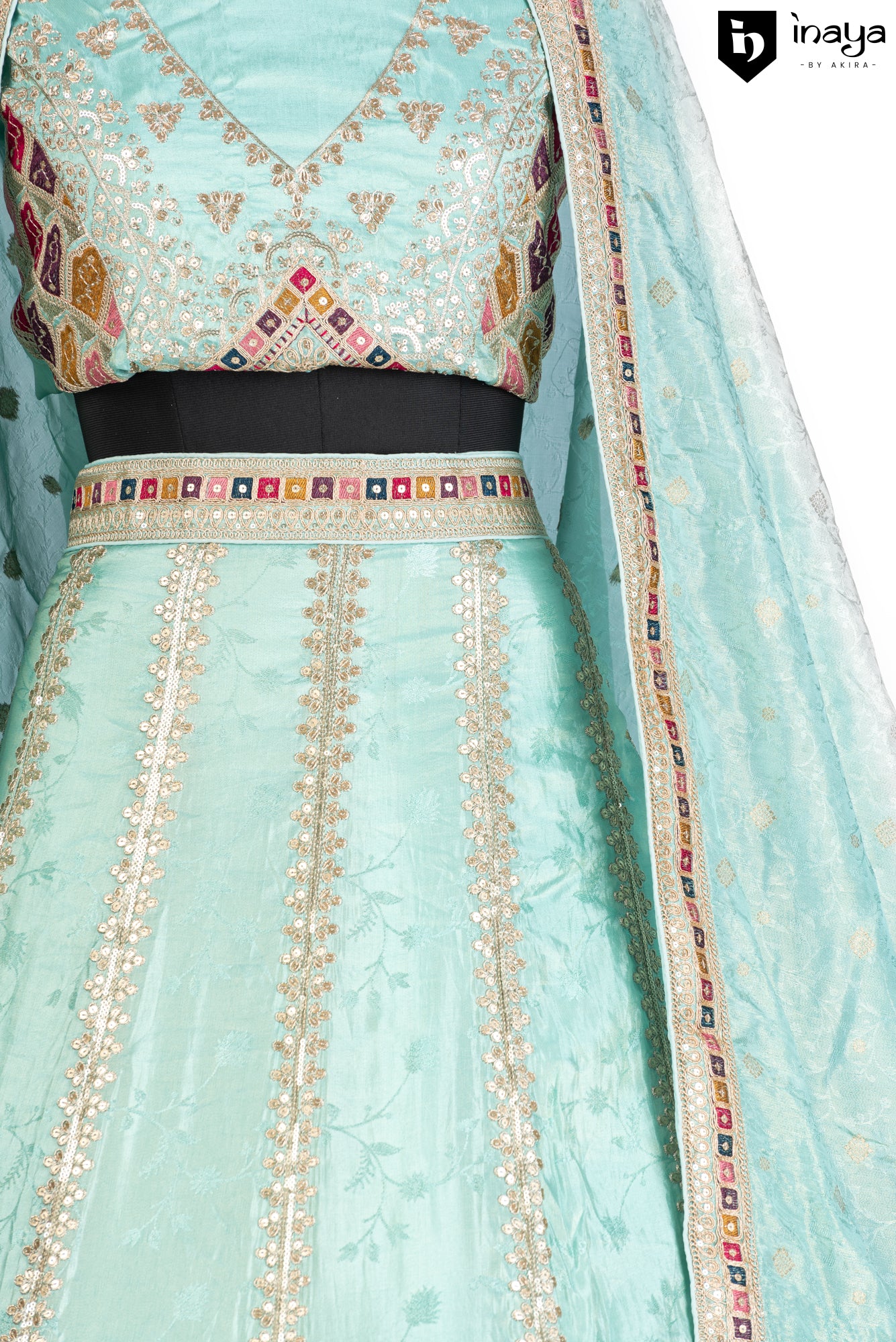 Aqua Elegance Organza Semi-Stitched Lehenga with Heritage Embroidery