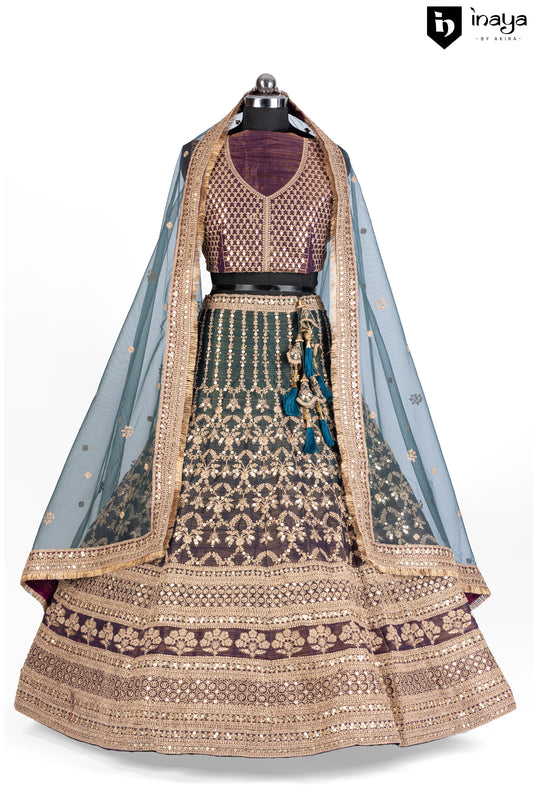 Mocha and Ice: Mocha Raw Silk Semi-Stitched Bridal Lehenga with Ice Blue Dupatta