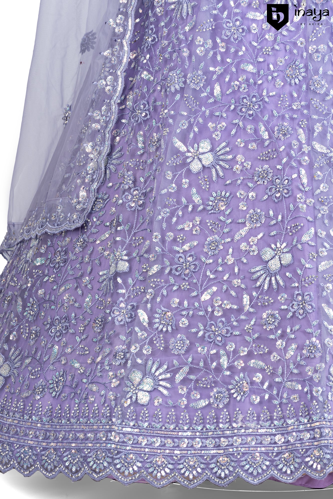 Lavender Luxe: Lavender Net Semi-Stitched Lehenga with Floral Embroidery