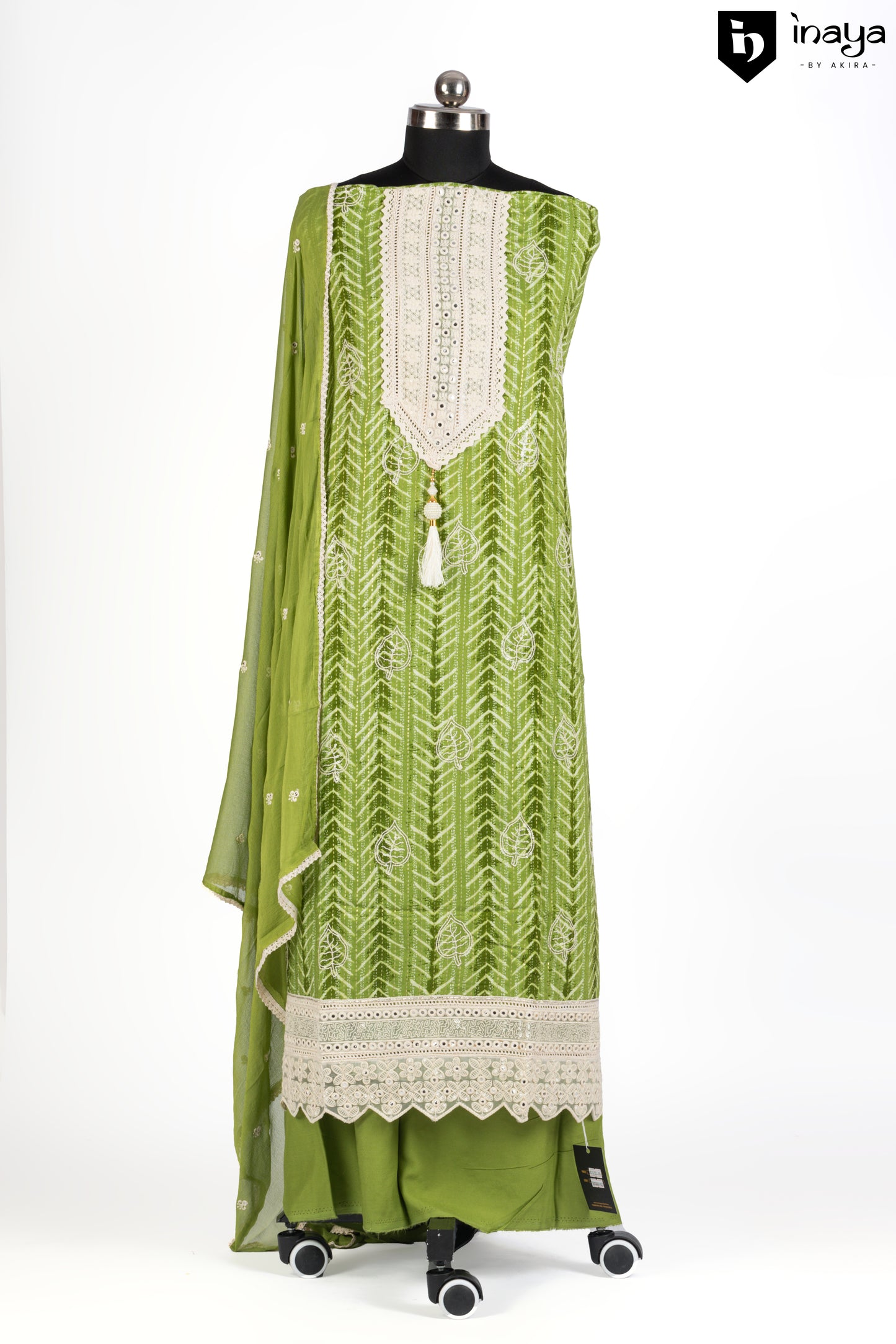 Emerald Essence Rayon Cotton Suit Set with Geometric Embroidery