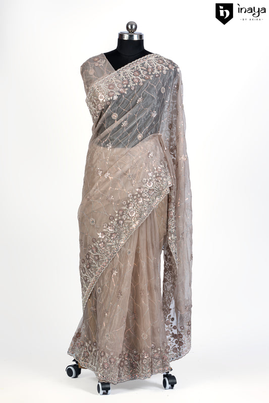 Beige Elegance Organza Saree with Silver Embellishments