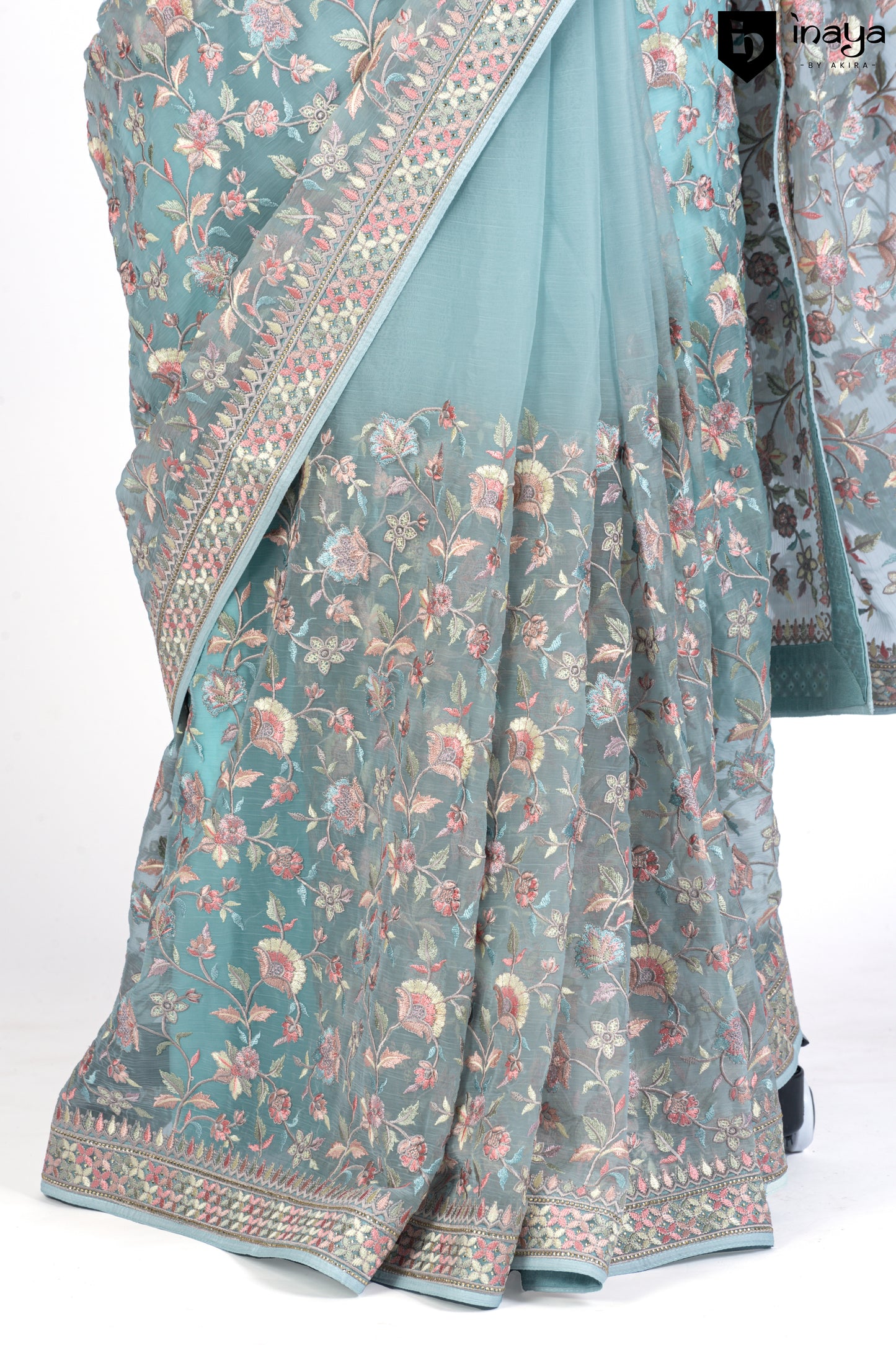 Sky Blue Chiffon Floral Fantasy Saree