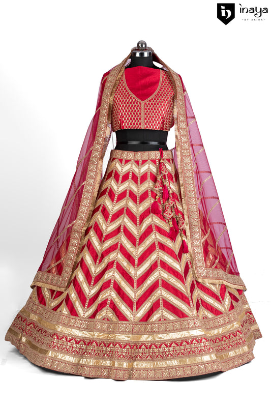 Regal Ruby Splendor: Semi-Stitched Geometric Silk Lehenga in Luxe Fabric