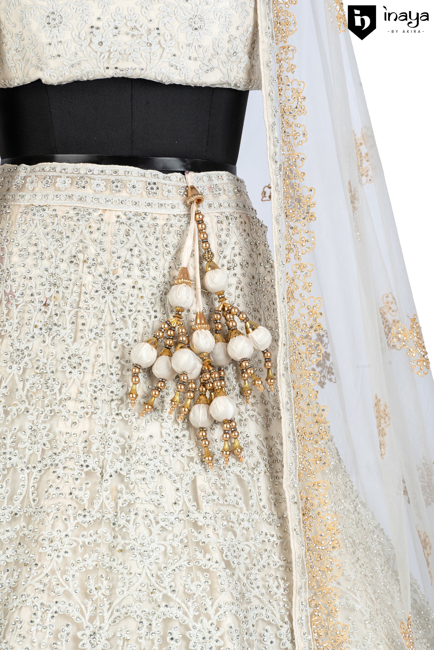 Ivory and Gold Semi-Stitched Bridal Lehenga with Elegant Sheer Dupatta