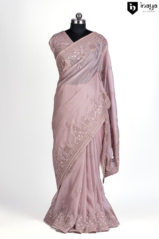 Elegant Mauve Satin Crepe Saree