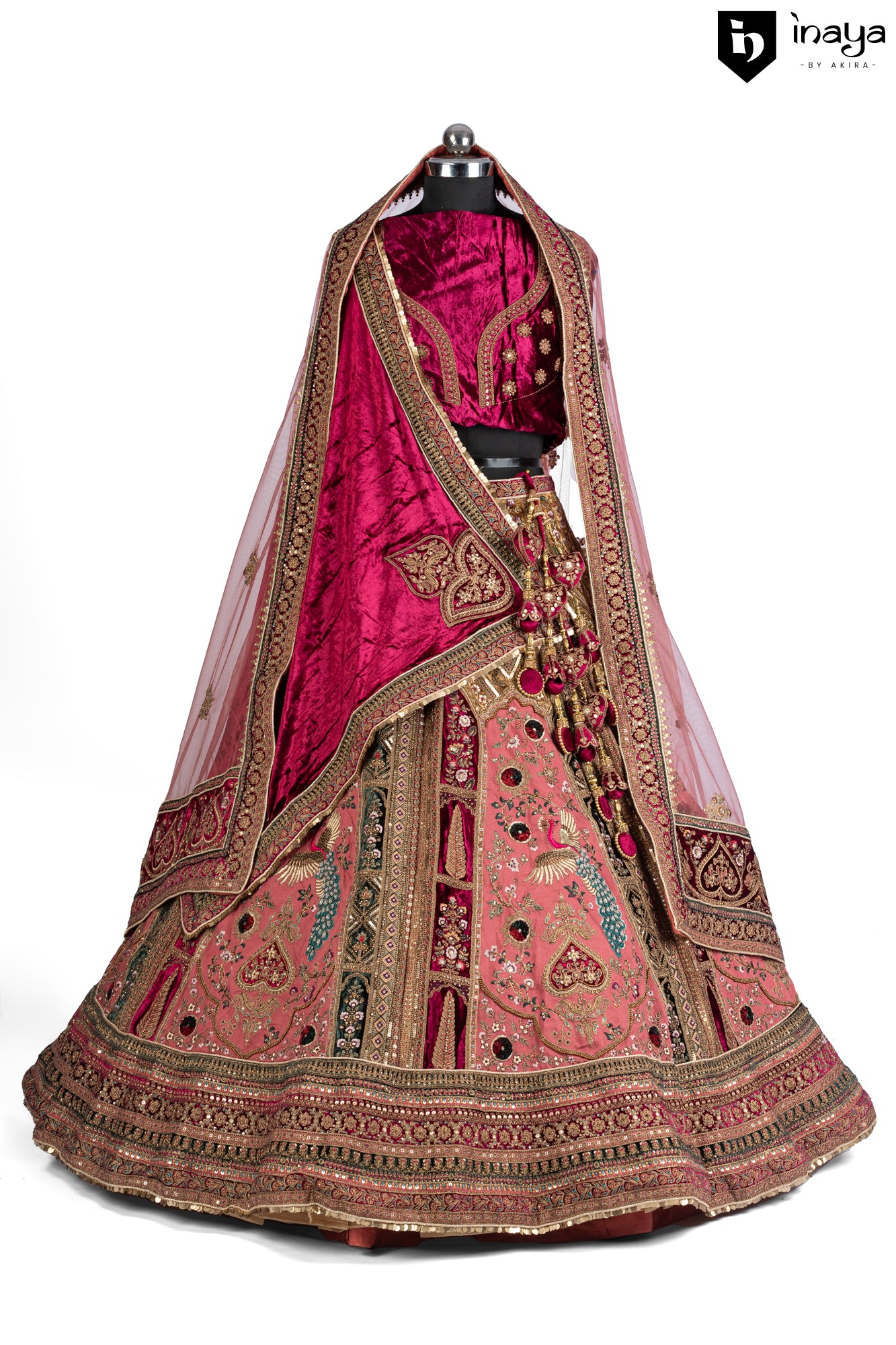 Royal Crimson Velvet and Tulle Embroidered Semi-Stitched Bridal Lehenga