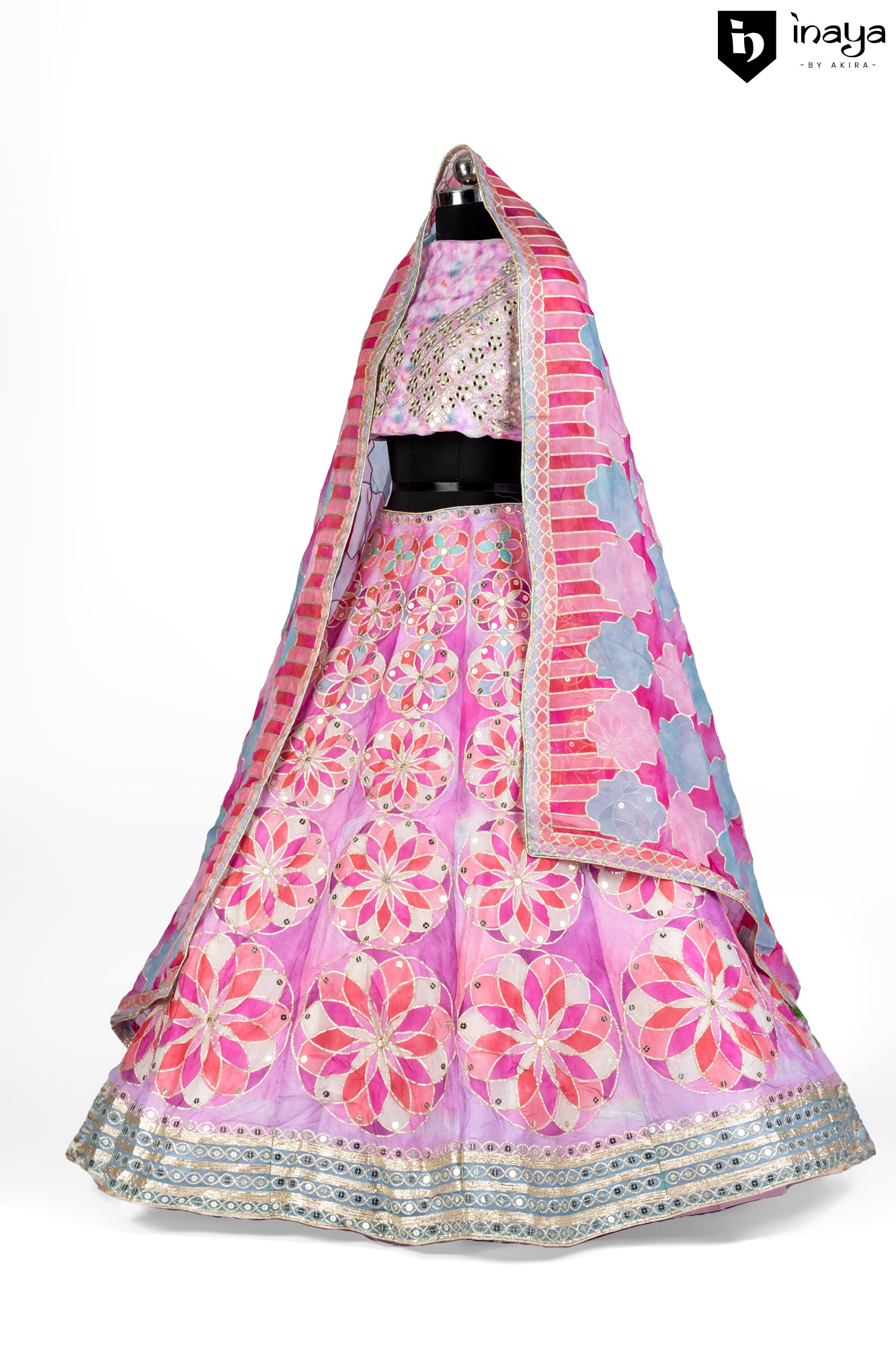 Floral Fiesta: Pink Organza Semi-Stitched Lehenga with Hand-Painted Flowers