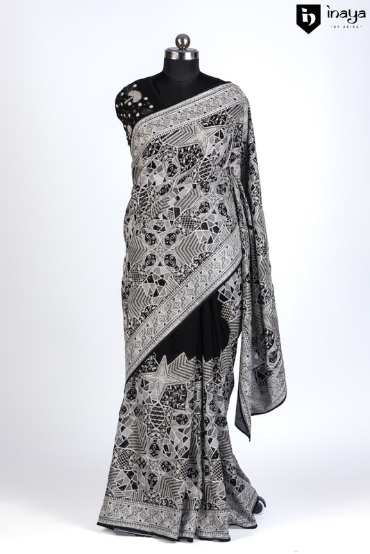 Black Georgette Saree with Monochrome Bandhani Print