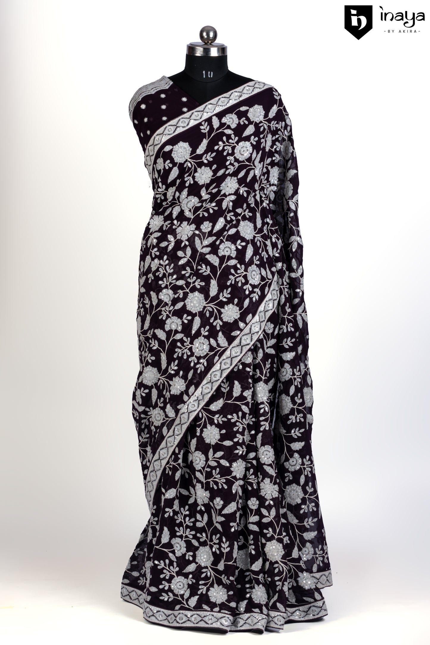 Wine Whisper Georgette Saree with Silver Bloom Motifs