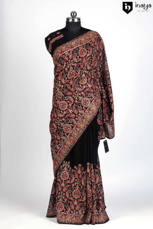 Elegant Black Georgette Saree with Traditional Print