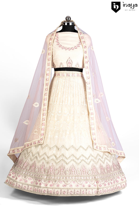 Vintage Vanilla: Vanilla Net Semi-Stitched Lehenga with Pink Floral Embroidery