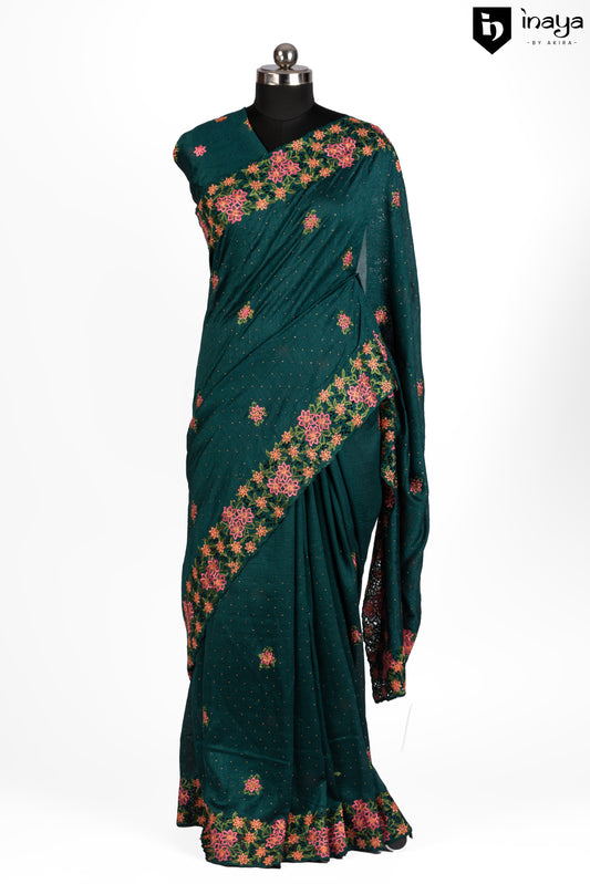 Emerald Elegance Georgette Saree with Floral Accents