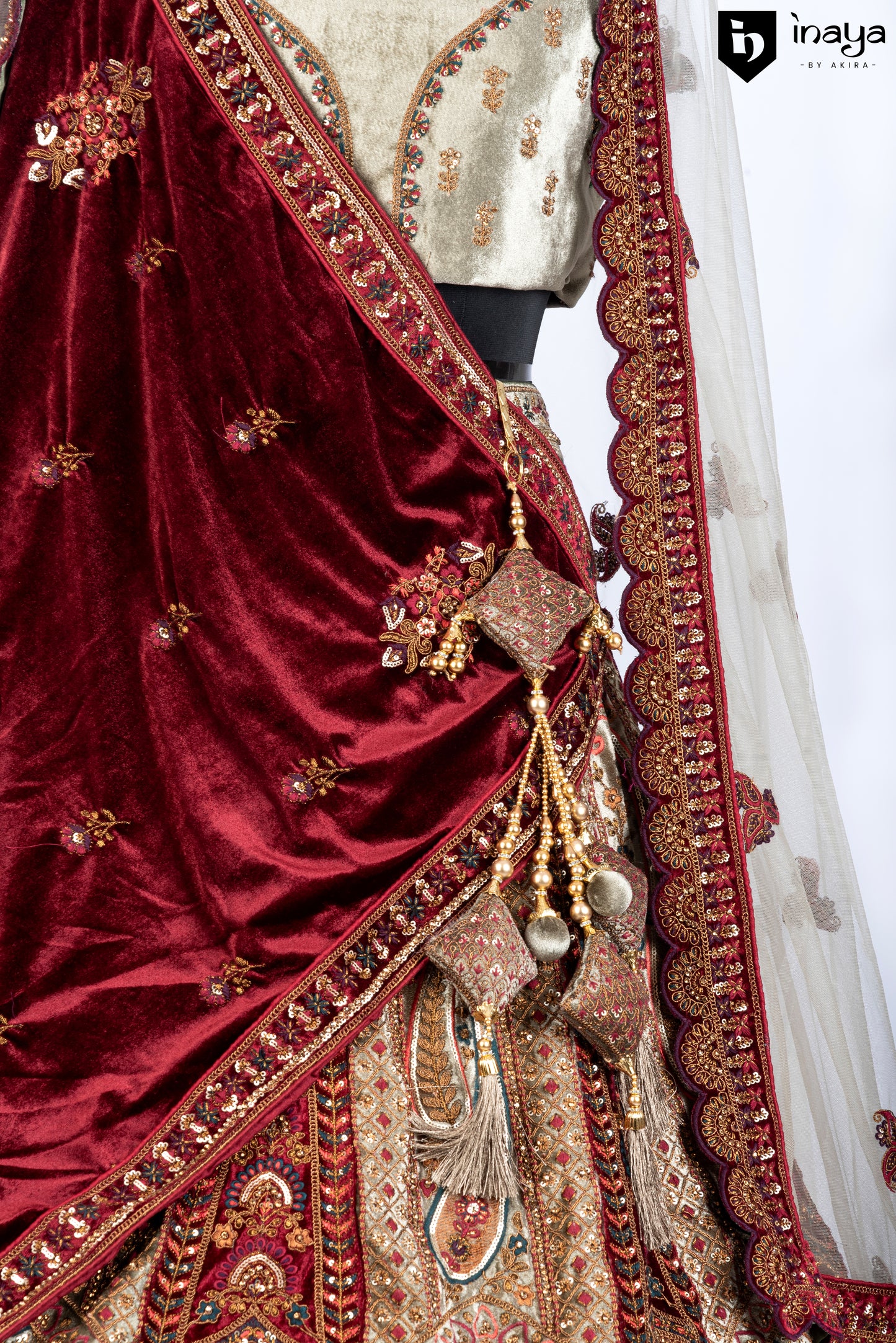 Velvet and Tulle Opulence: Burgundy Velvet Semi-Stitched Bridal Lehenga with Embroidered Tulle Dupatta