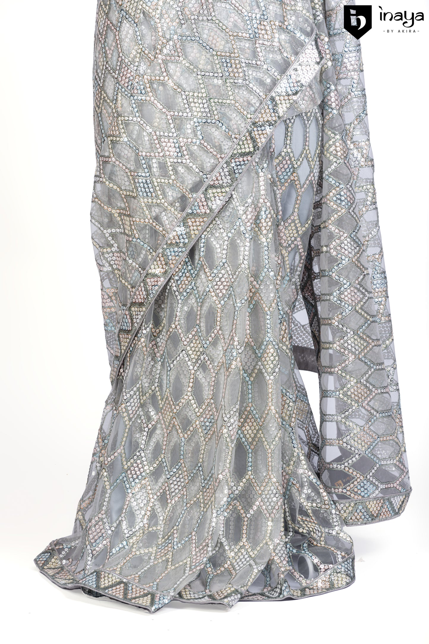 Silver Net Saree with Geometric Sequin Embellishments