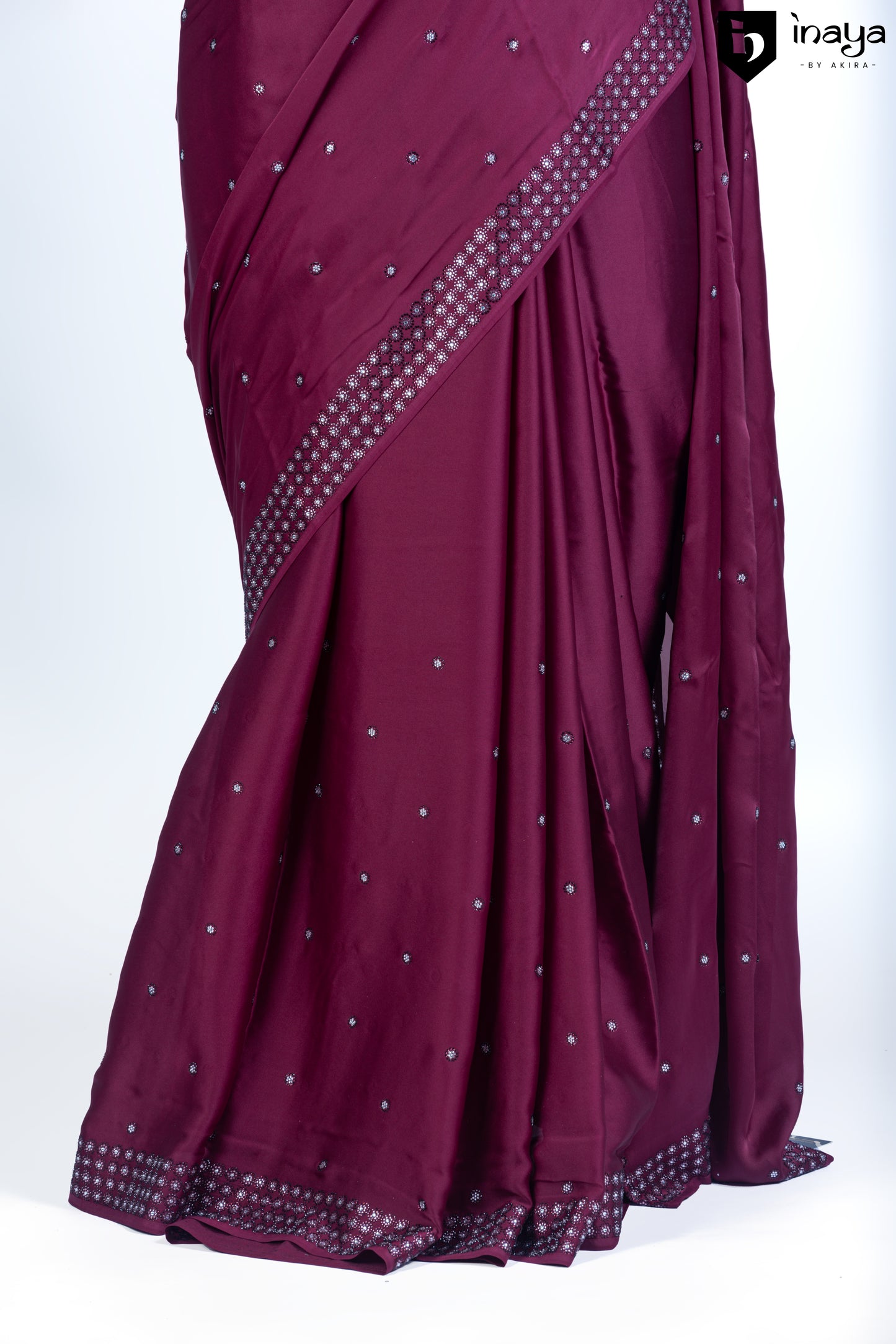 Wine Stain Crepe Saree with Elegant Mirror Work