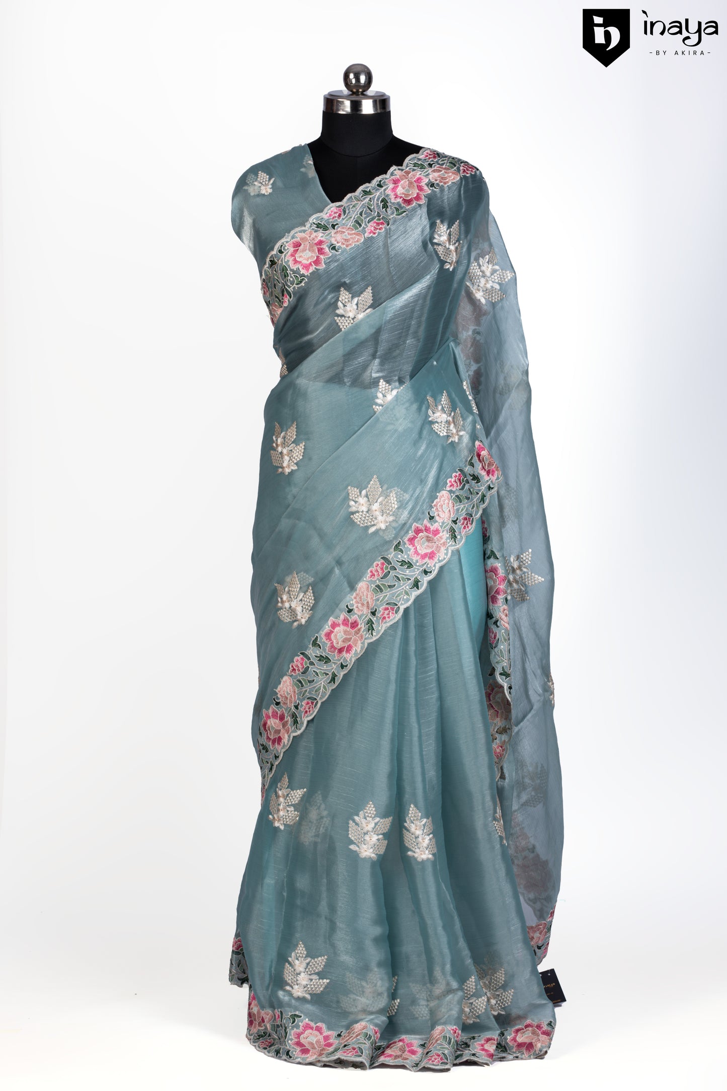 Aqua Serenity Organza Saree with Floral Embroidery