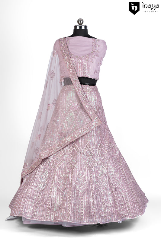 Lavender Elegance: A Shimmering Sequined Net Semi-Stitched Lehenga