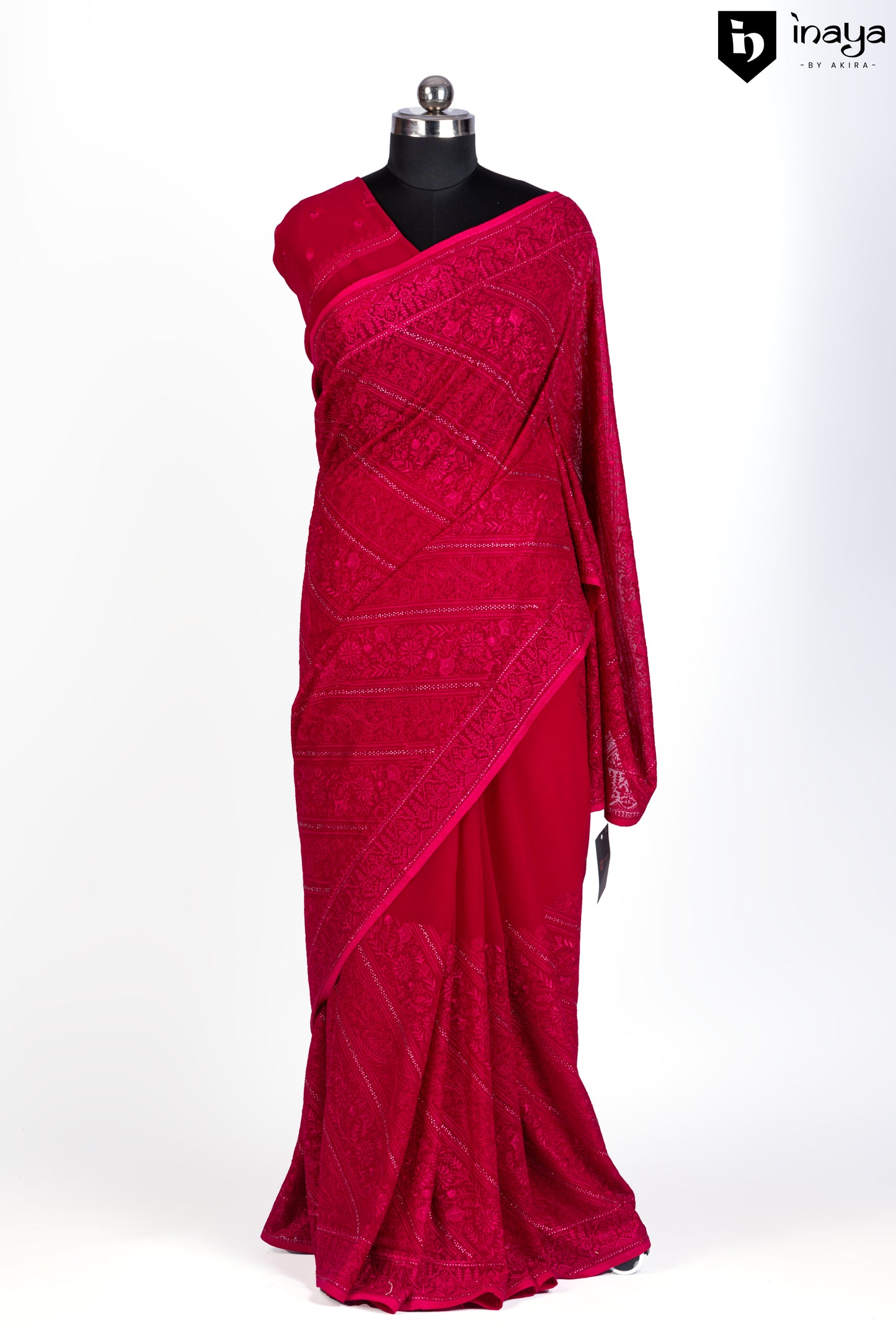 Ruby Red Georgette Saree with Embossed Pattern