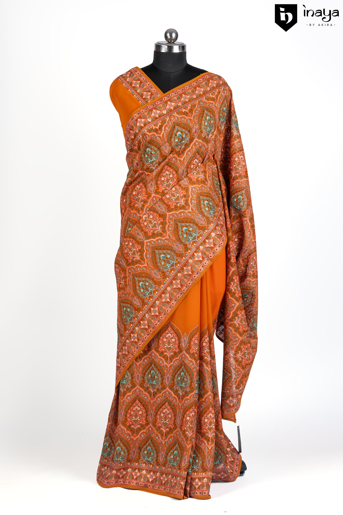 Orange Georgette Saree with Traditional Paisley Motifs