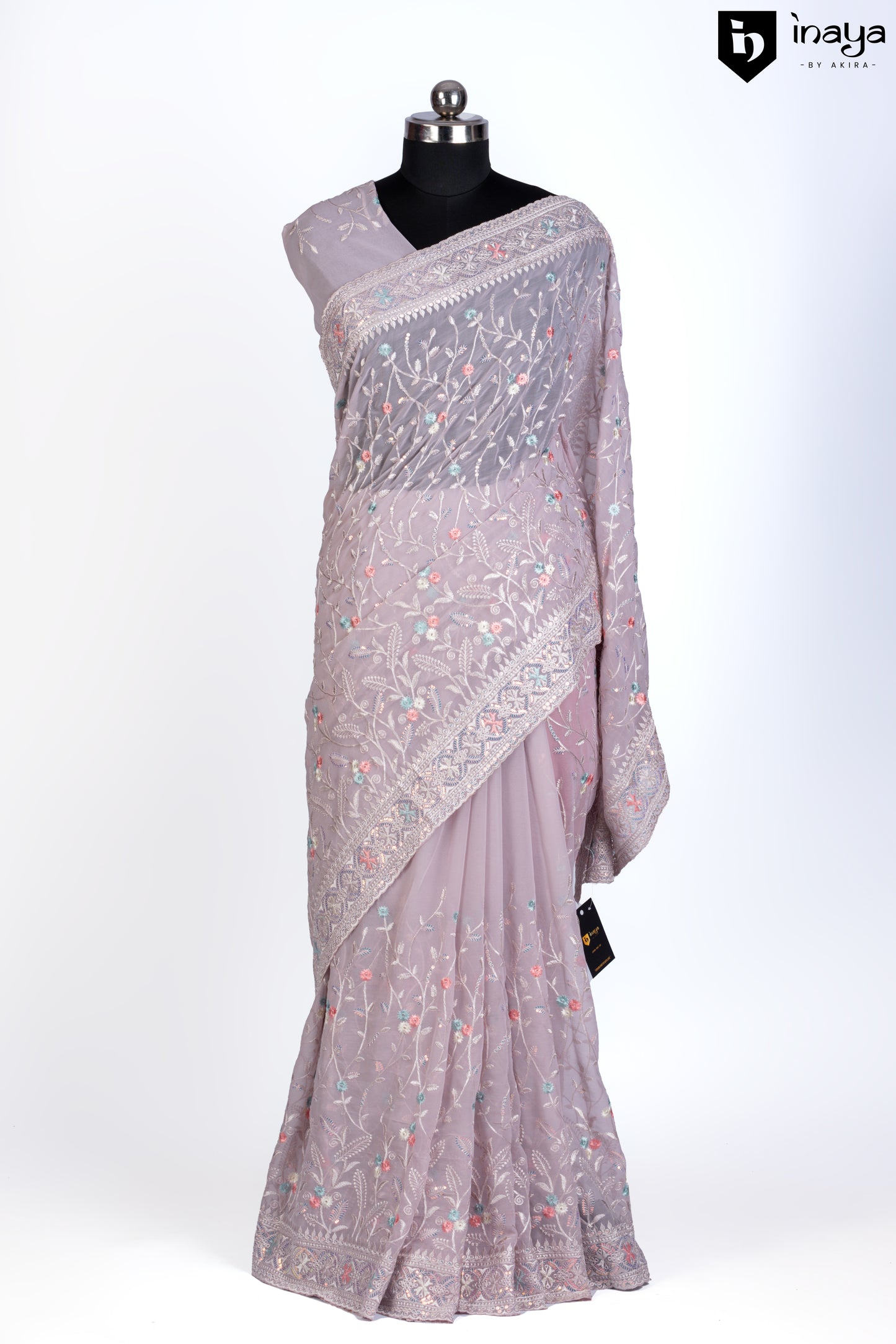 Lavender Chiffon Saree with Floral Embroidery