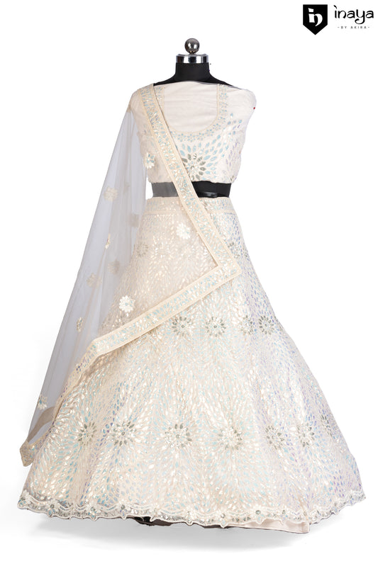 Iridescent Ivory: Ivory Net Semi-Stitched Lehenga with Crystal Embellishments