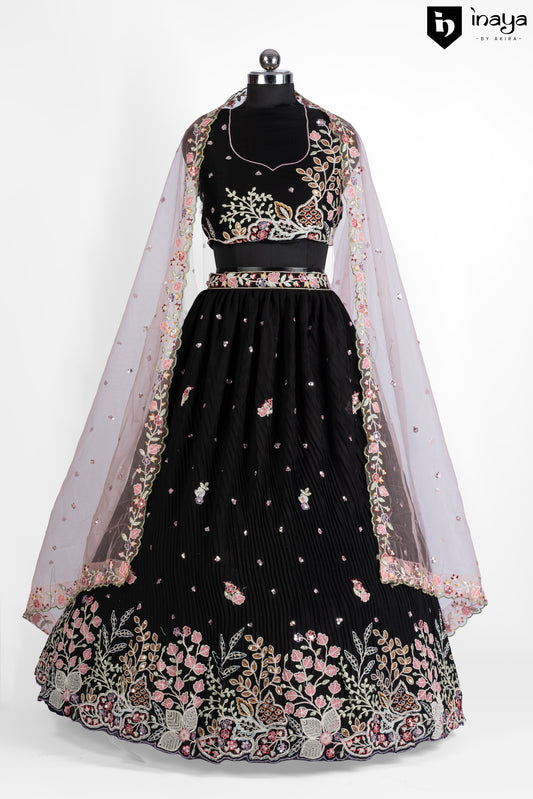 Elegant Black Crepe Silk Semi-Stitched Lehenga Set with Embroidered Dupatta